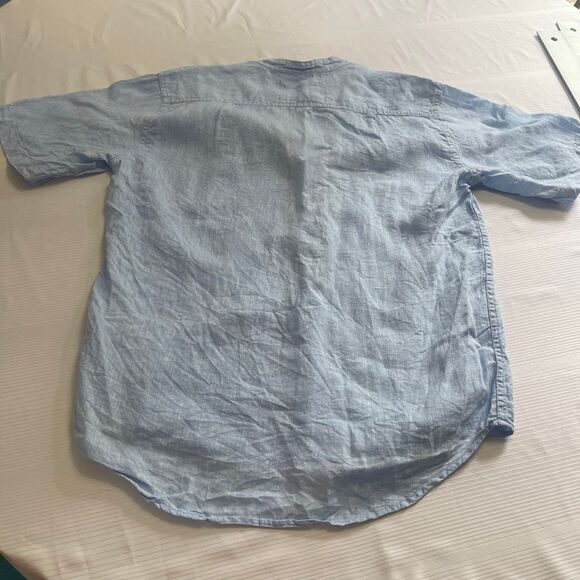 J. Peterman Ancient Roads Blue 100% Linen Embroidered Short Sleeve Shirt Small - Picture 6 of 7